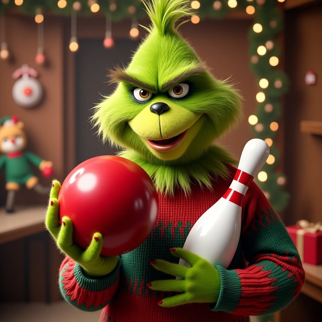 The Grinch character holds a bowling ball and pin. The character wears a festive red sweater. Background is decorated with holiday lights and ornaments. A cheerful atmosphere is present.