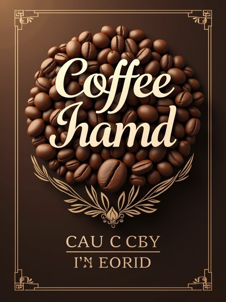 Coffee label design for premium brand. Bold typography at the top for brand name. Subtle coffee bean pattern in background. Deep browns and warm golds in the color palette. Short tagline at the bottom emphasizing quality and flavor. Luxury and craftsmanship are conveyed.