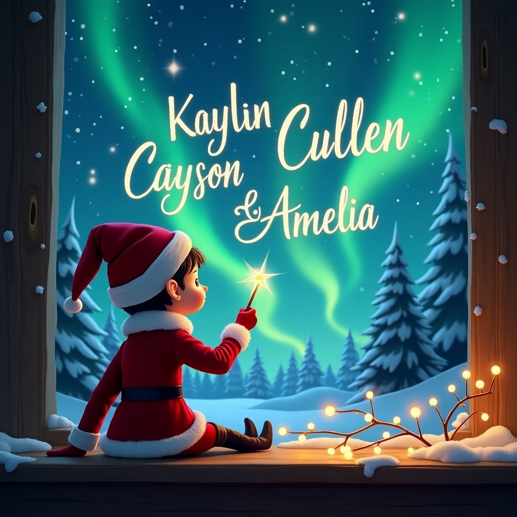 Elf on the shelf with back facing the viewer. Elf is looking at sky with magical northern lights. Elf uses a wand to write names Kaylin, Cullen, Kayson, and Amelia in the sky. Background is a festive, snowy landscape with evergreen trees and lights.