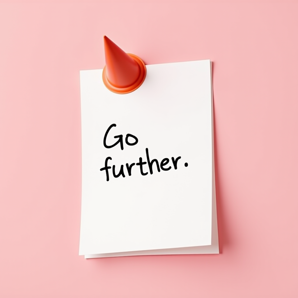 A white note with the words 'Go further.' pinned with an orange cone on a pink background.