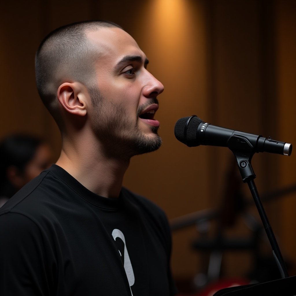 Image depicts a person with a shaved head engaged in singing lessons. The setting is likely a music studio with a microphone present. The subject is focused on the practice, indicating a serious approach to vocal training.