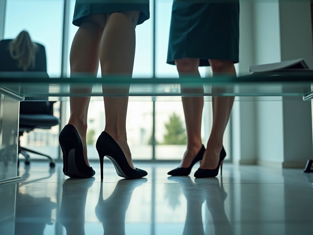 two women in office attire, legs and high heels visible, inside modern office with window light