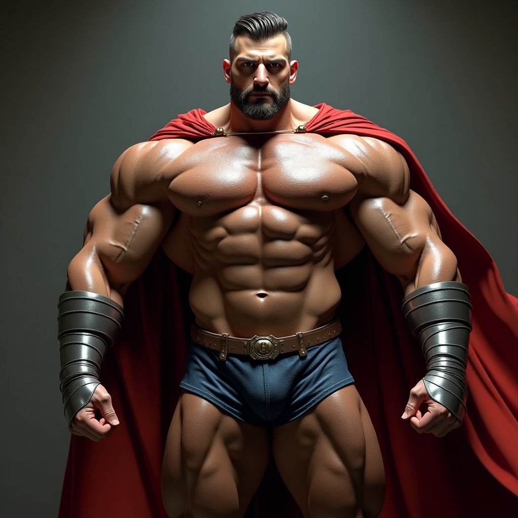 Upper body view of a giant tall bodybuilder. Handsome young Spaniard man with a comb over haircut. Striated rugged look with vascular features. Intense stare and clean shaven. Wearing a textured metallic steel suit with a red cape. Huge muscles with wide shoulders and pectorals. Bulging biceps and thick legs in high resolution.