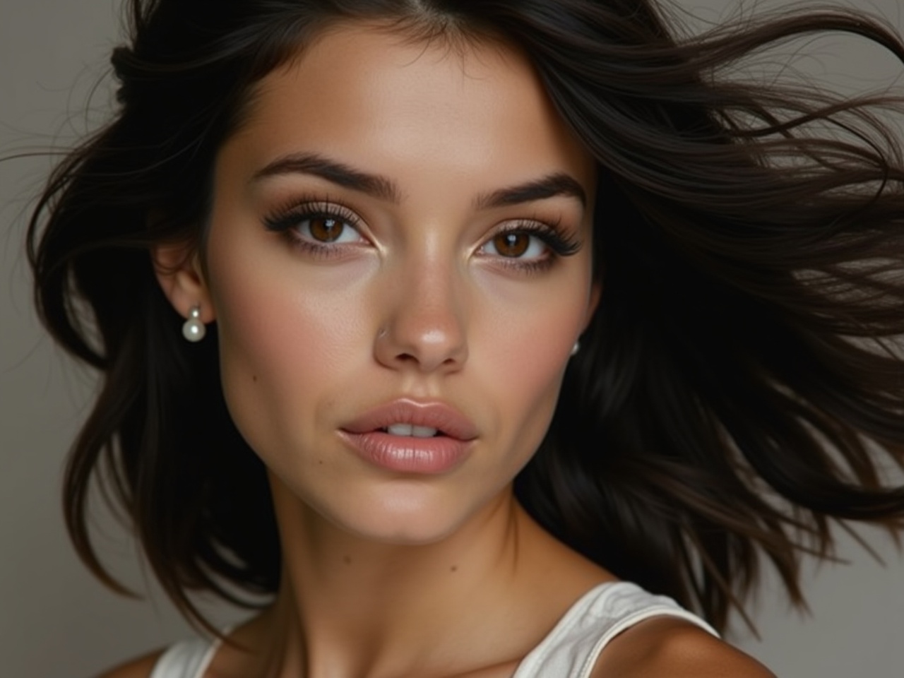 The image portrays a young woman with a serene expression, adorned in subtle makeup. Soft lighting casts gentle shadows, adding depth to her complexion. Her flowing dark hair frames her face beautifully. A delicate pearl earring adds a touch of sophistication. This look emphasizes natural beauty and elegance.