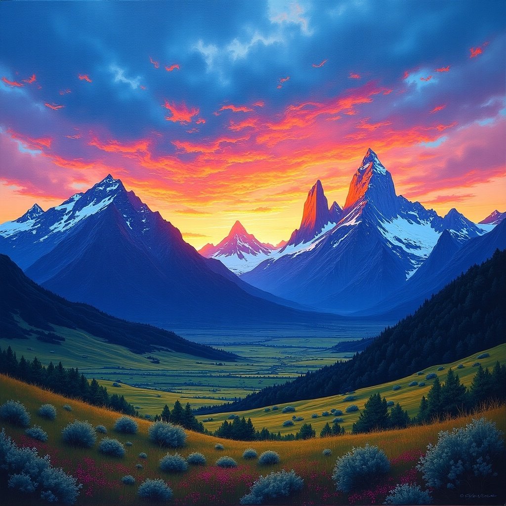 Imaginary landscape of Mount Fitz Roy in Patagonia. Artwork combines Ariel Lee painting style with brushstrokes. Features dramatic sunset with colors of blue, orange, pink, and purple. Mountains and green fields surround the area. Evokes tranquility of being alone in nature.