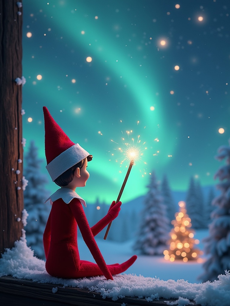 Elf character in red sitting on snowy ledge. Back facing the viewer. Looking up at the colorful northern lights. Holding a sparkler writing names in the air. Snow-filled forest in the background. Decorated Christmas tree glowing.