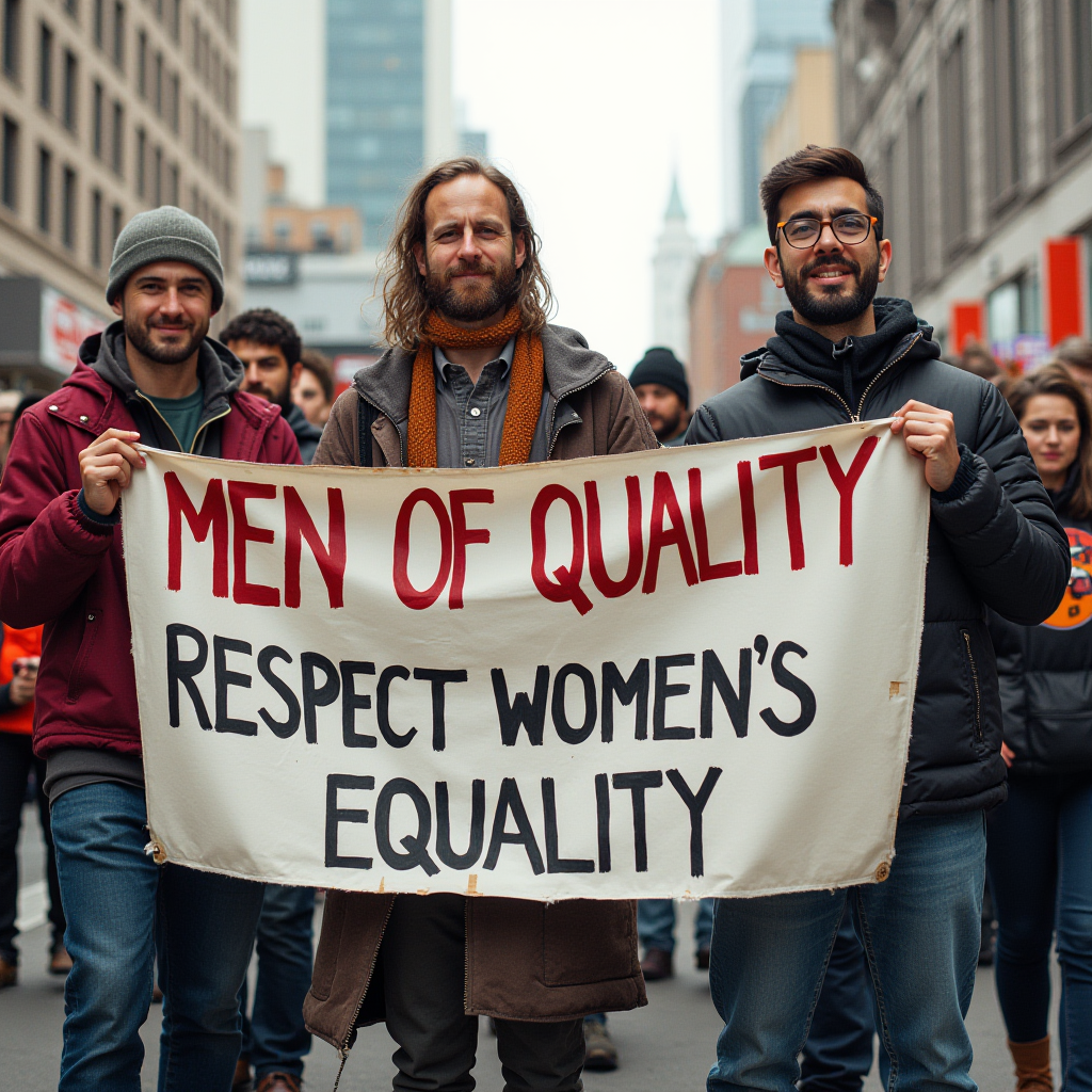 A group of men holding a banner advocating for women's equality during a protest march.