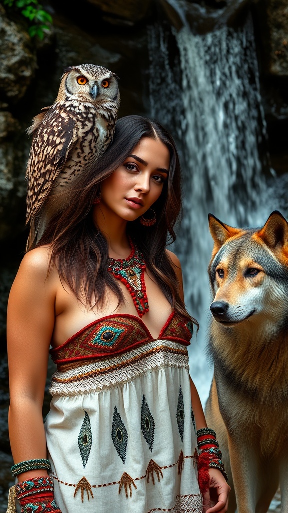 A woman poses with an owl perched on her shoulder and a wolf at her side, set against a serene waterfall backdrop.