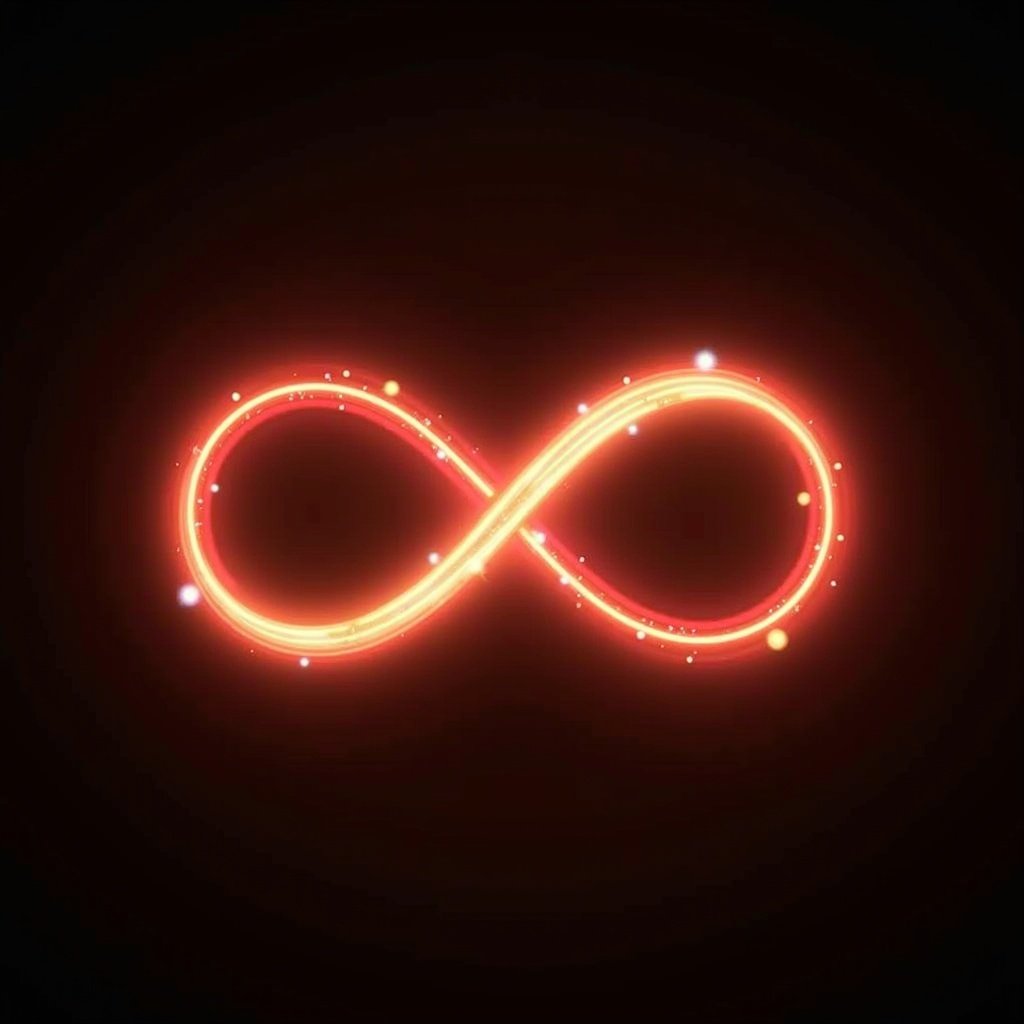 Infinity symbol designed with glowing effect. Transitioning from white to red. Set against gold dark background. Enhances brightness and vibrancy. Represents infinite possibilities and modern aesthetics. Appeals to tech-savvy audiences. Presents continuity and futuristic innovation.