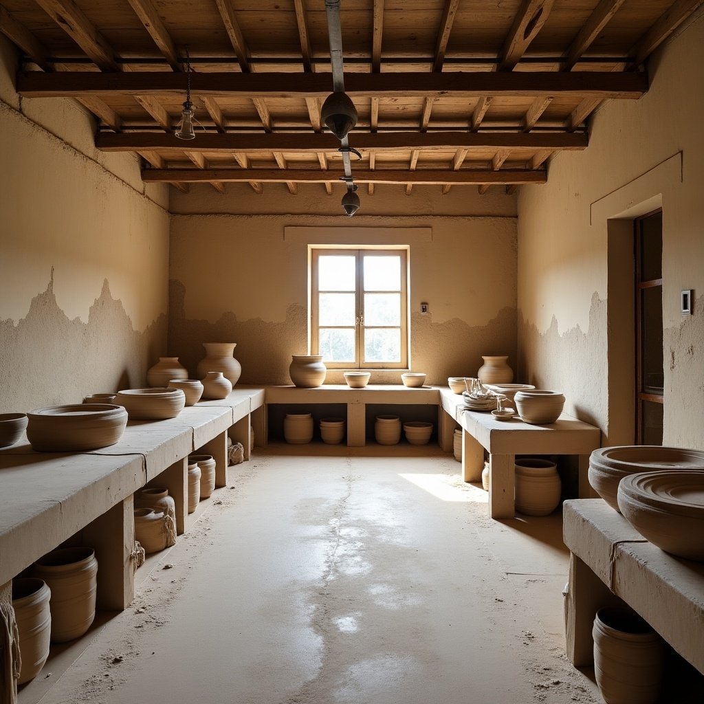 Clay preparation room with clay being processed and cleaned for pottery making. Sunshine through the window highlights the earthy pottery materials. Shelves filled with pots and tools for crafting.