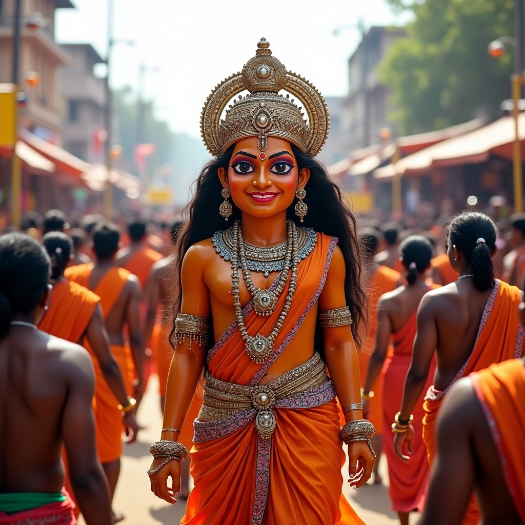 Crowd celebrating a festival. A traditional figure in vibrant attire stands out. Bright sunlight enhances the festive atmosphere. A sense of togetherness and spirituality is present.