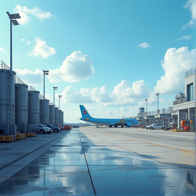 A blue airplane is parked on an airport runway under a bright, cloudy sky.