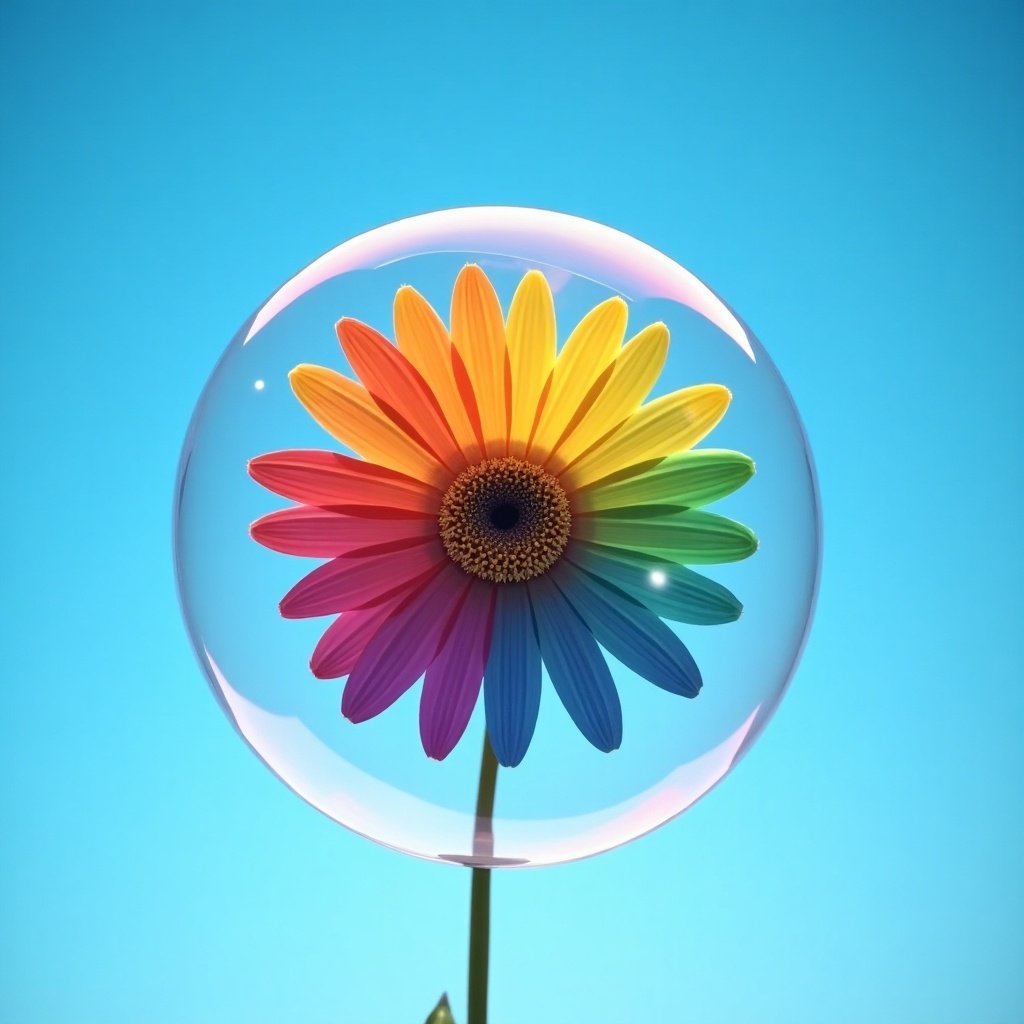 Rainbow flower floating in a bubble. Background is a pure blue sky. Bright and colorful appearance.