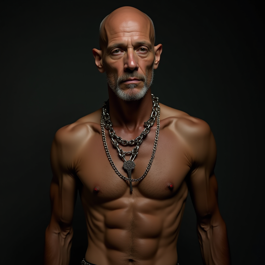 A bald, muscular man poses with a serious expression, adorned with multiple heavy chains.