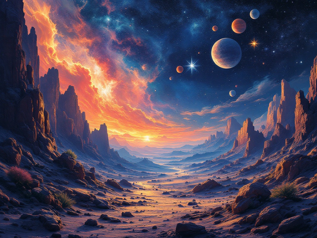 This artwork depicts a stunning imaginary landscape set in outer space. The scene features a dramatic sunset that transitions from deep blues to vibrant oranges across the horizon. Surrounding the area, nebulas and planets float majestically in a dark starry sky. Off in the distance, there's a bright, polyedric glyph symbol that adds a mystical touch to the scenery. The overall vibe of the piece combines elements of psychedelic art with themes of futuristic space exploration and spiritual energy.