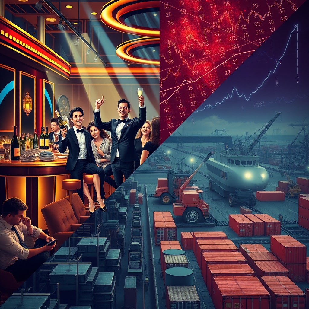 A split image depicting a lively casino scene contrasted with a busy industrial port.