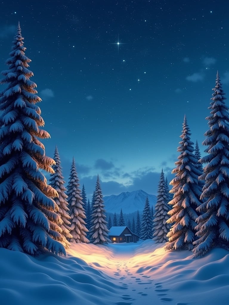 A serene Christmas scene with a beautiful forest of evergreens under a sparkling starry sky. A cozy cabin glows warmly in the distance. The ground is covered with soft snow. Trees are tall and majestic. Perfect for winter-themed artwork.