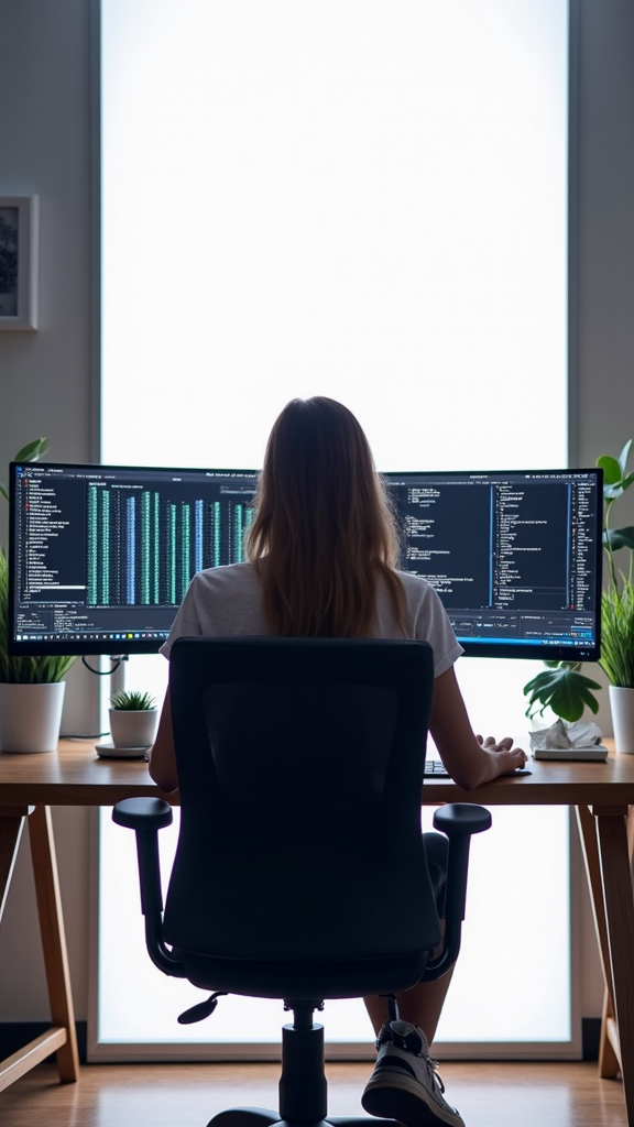 A person is working intently on a dual-monitor setup in a modern office with plants and minimalistic decor.