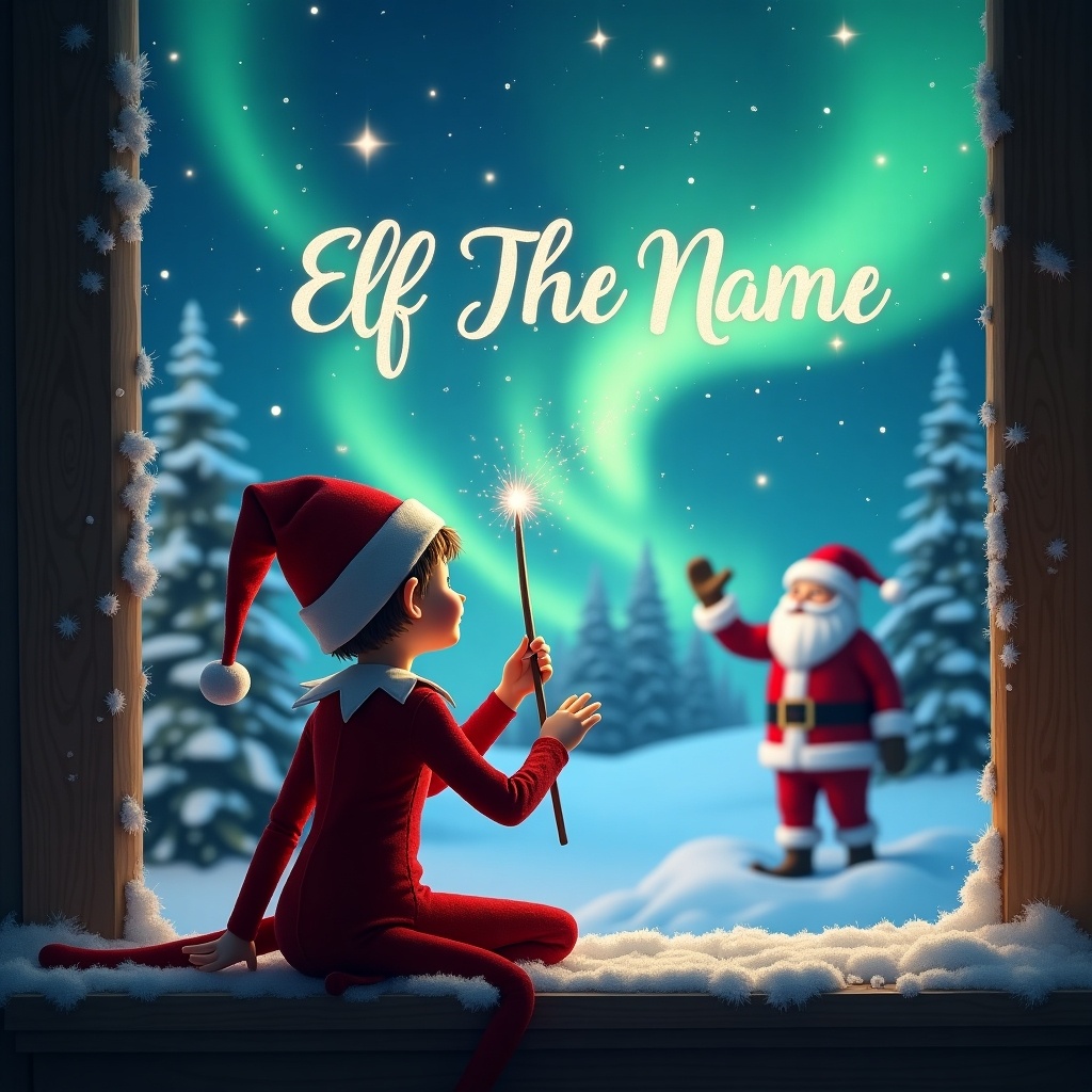 This enchanting scene captures an elf on the shelf, who is sitting with his back to the viewer. He faces a magnificent night sky filled with northern lights, using a wand to write a child's name in the stars. The background features a snowy landscape, with snow-covered trees and a joyful Santa waving in the distance. It’s a magical moment, evoking the spirit of Christmas and childhood wonder. The entire scene is infused with warmth and holiday cheer, making it perfect for holiday-themed stories or decorations.