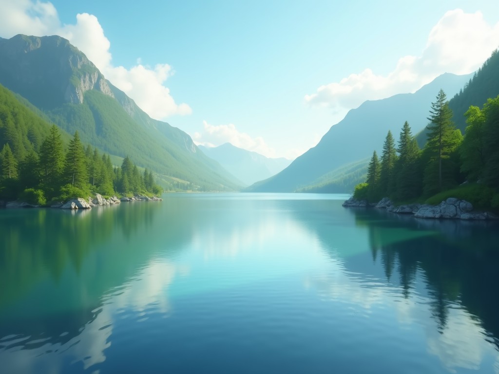 The image captures a serene mountain lake surrounded by lush pine forests and towering peaks. The crystal-clear water reflects the vibrant green of the trees and the soft blue sky dotted with fluffy white clouds. The scene exudes a sense of tranquility and untouched natural beauty, inviting viewers to immerse themselves in the calm and peaceful landscape.