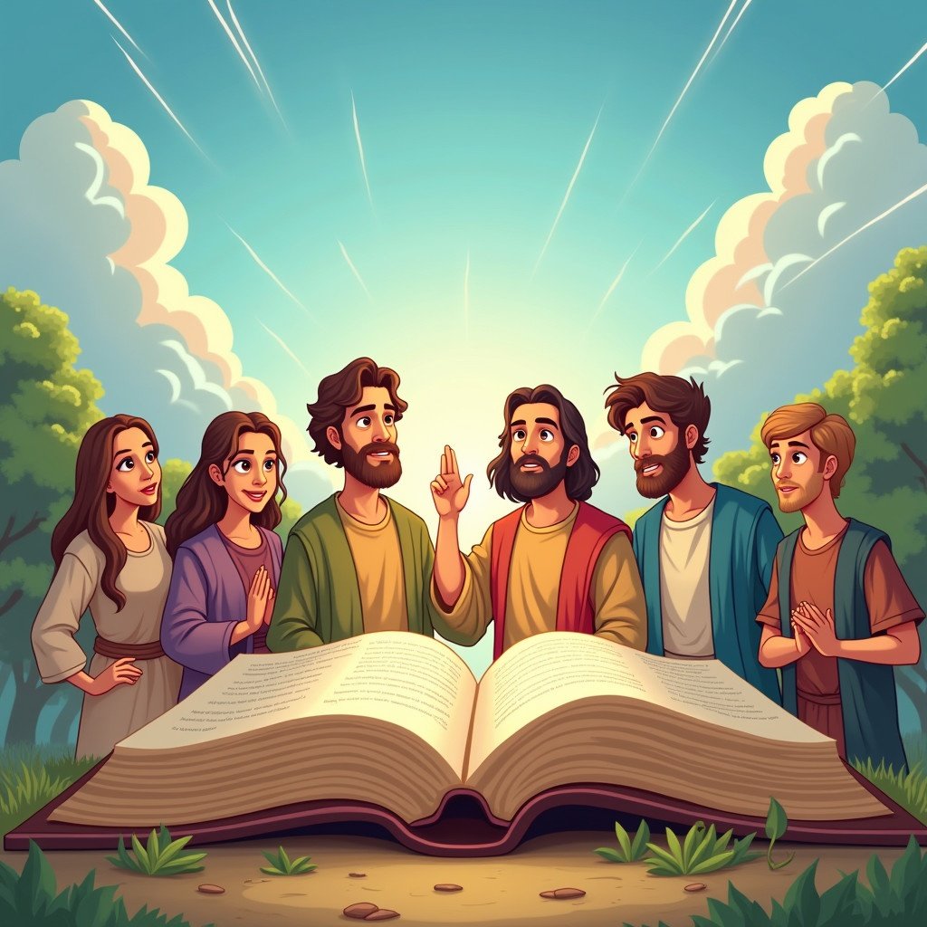 Cartoon illustration of an open Bible. Characters from the Bible are emerging from the pages. Low-angle wide shot emphasizes the Bible's significance. Bright and uplifting atmosphere.