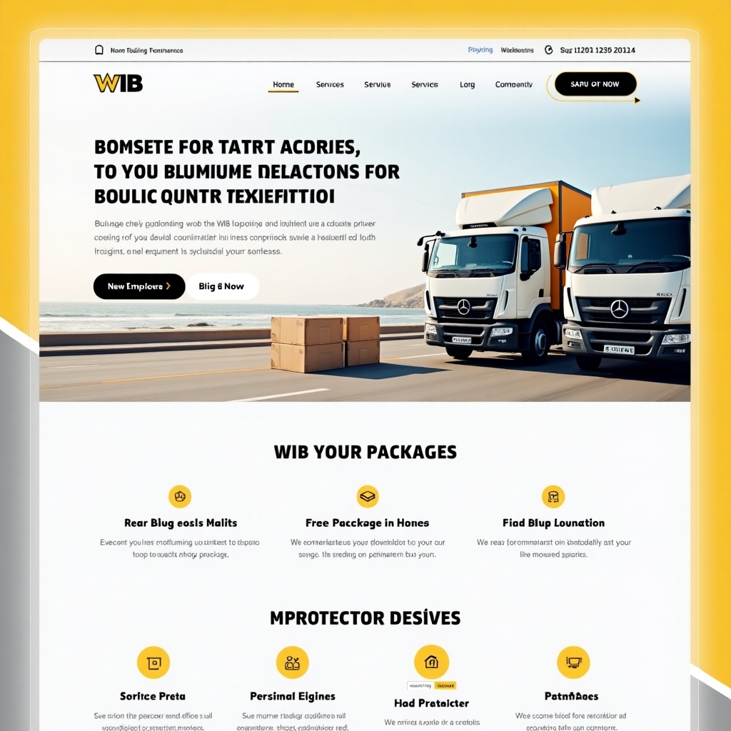 The web page features a modern design for WIB Removal Company, showcasing their transport and logistics services. It prominently displays two delivery trucks parked, symbolizing reliability and efficiency. The color scheme includes yellow, white, and gray, creating a bright and inviting feel. Clear calls to action guide users to learn more about the services available. Overall, the layout emphasizes user-friendliness and professionalism in the transportation sector.