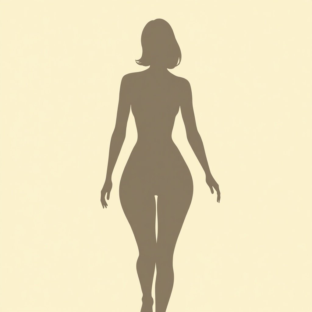 Image features stylized female character. Character has a narrow waist. Wide hips taper quickly. Background is soft beige. Silhouette is highlighted for dramatic effect.