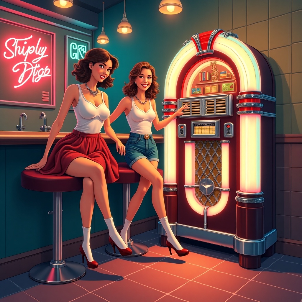 Illustration represents a 1950's style scene with young girls. Prominent jukebox adds to nostalgia. Neon signs enhance vibrant atmosphere. Bright colors dominate the composition. Lively and energetic mood conveyed throughout the artwork.