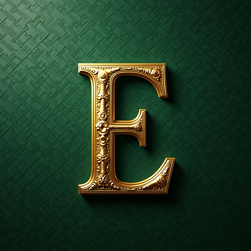 A decorative gold letter 'E' embossed on a textured green background.