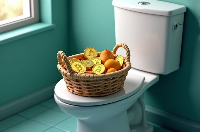 A basket filled with oranges and gold coins with a Bitcoin symbol sits on a toilet in a teal-colored bathroom.