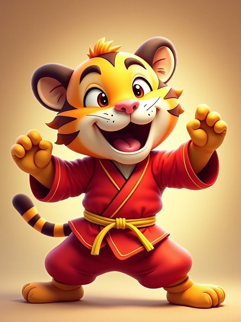 Cartoon tiger character in red martial arts uniform with yellow belt. Tiger strikes dynamic martial arts pose. Character shows enthusiasm and energy. Joyful and fierce facial expression. Background hints at Eastern-themed setting. Bright and appealing colors attract children and animation lovers.