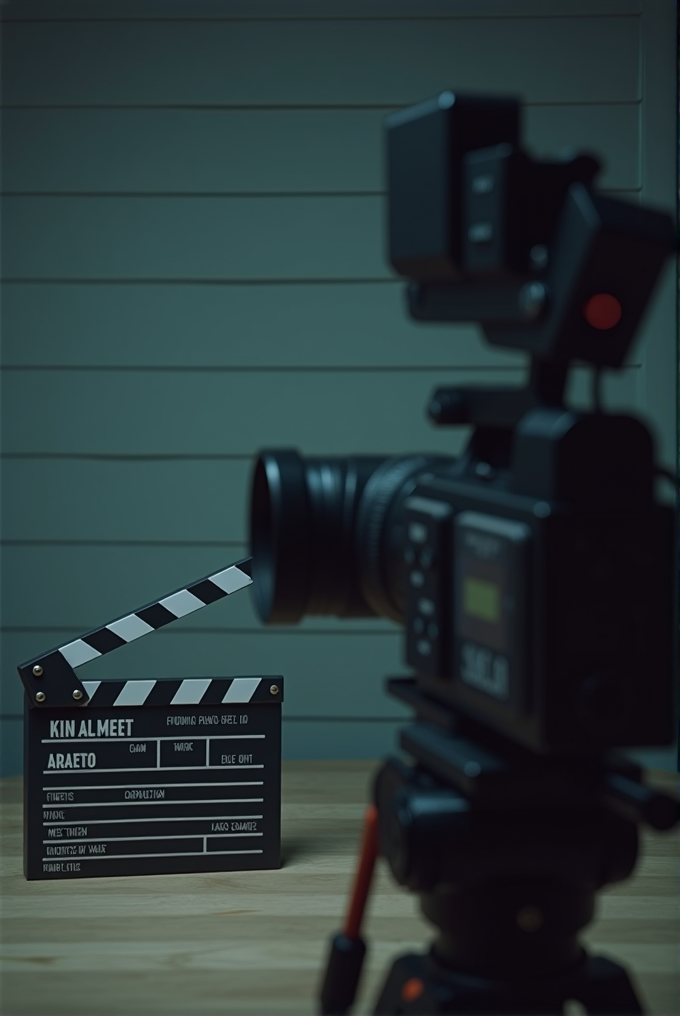 A clapperboard and a camera on a wooden table, set up for filming.