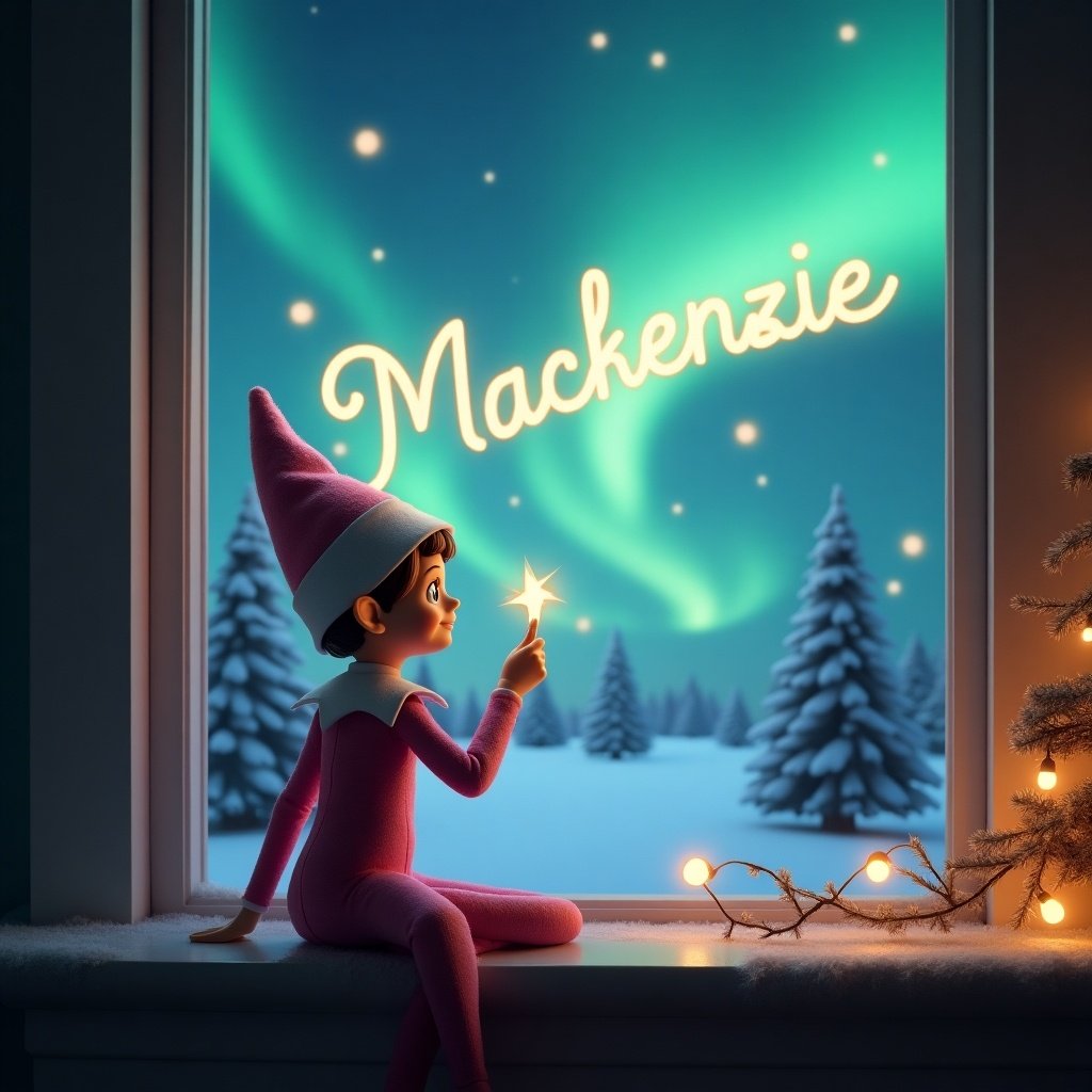 Christmas scene with elf on the shelf. Elf wearing light pink and white outfit. Holding a magic wand. Northern lights in the background. Whimsical ambiance with glowing script.