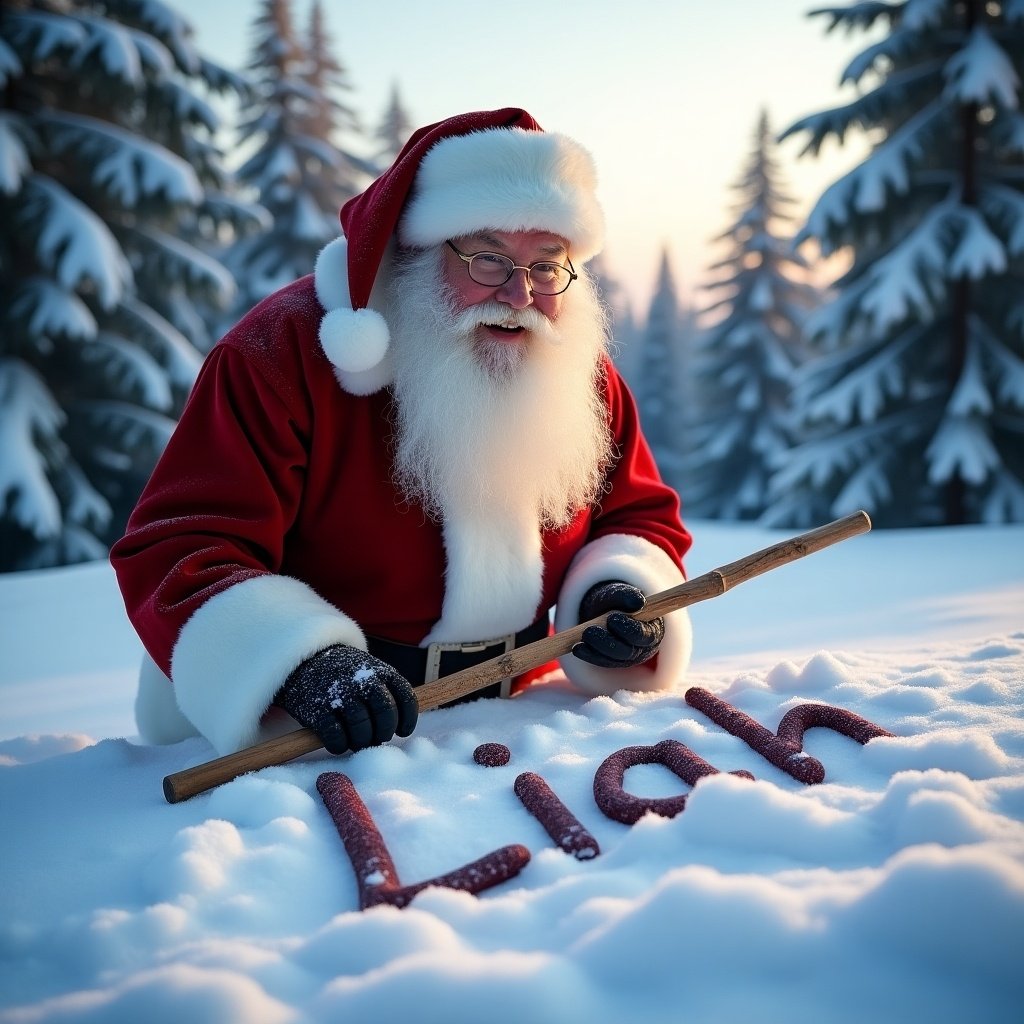 Santa Claus writing the name 'Liah' in the snow. Scene depicts a snowy landscape with evergreen trees and soft sunlight.