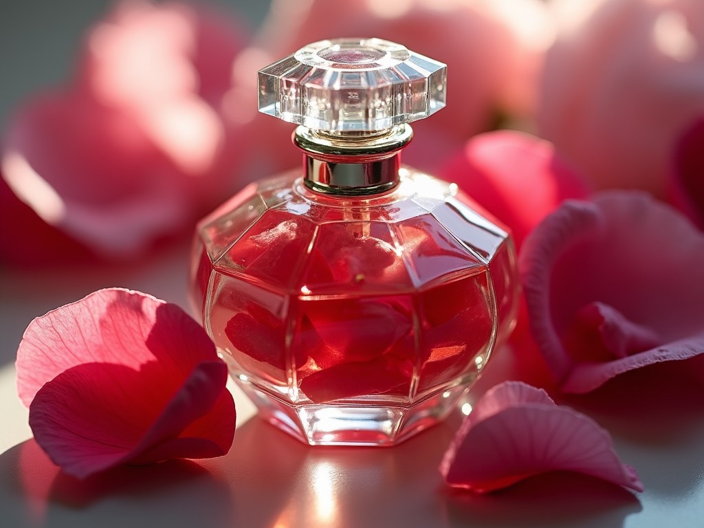 This image portrays a luxurious perfume bottle adorned with rose petals. The bottle, with its geometric design, sits elegantly at the center, surrounded by vibrant pink and red rose petals scattered on a soft surface. The natural light enhances the clear glass and reflects golden hues from its cap, creating an inviting allure. This composition evokes a sense of romance and sophistication, perfect for beauty and fragrance industries. The overall ambiance is soft and delicate, showcasing the beauty of the floral elements in harmony with the perfume.