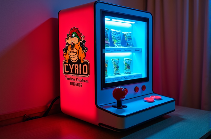 A vending machine styled like a retro arcade game with snacks inside and glowing lights.