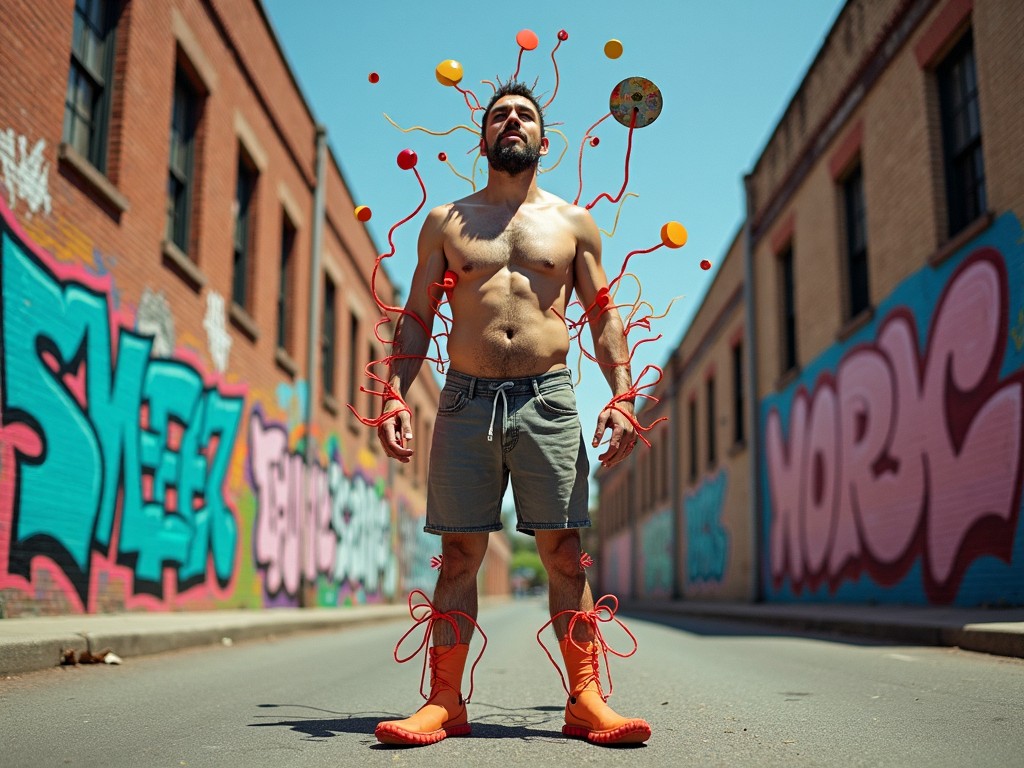 A muscular man stands confidently in an empty urban street. He is adorned with colorful circular objects that appear to float around him, creating an imaginative aura. His bare torso exudes strength, while his shorts and playful boots add a hint of whimsy. Behind him, vibrant graffiti decorates the brick walls, enhancing the street's artistic vibe. The whole scene is captured in bright natural light, emphasizing the colors and creativity.