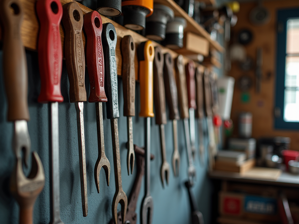 Several wrenches with different colored handles hang neatly on a wall rack in a workshop.