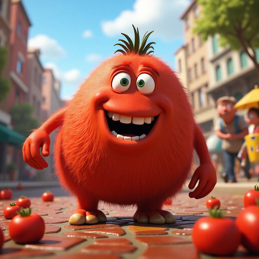 A cheerful animated red fluffy character stands in a sunny urban street surrounded by tomatoes. The character is smiling widely. The scene captures the lively atmosphere reminiscent of animated films.