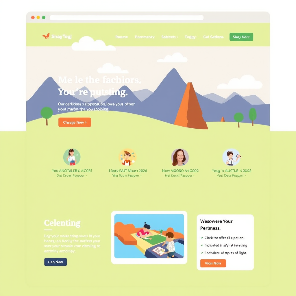 The image showcases a whimsical and colorful mockup of a webpage titled 'ShayTogi.' It features an illustrated background with vibrant mountains and abstract shapes, along with a bright color palette dominated by greens and oranges. The text on the page is intentionally humorous and consists of playful gibberish, such as 'Me le the fachiors; You’re putsing,' adding to the creative and surreal nature of the design.

Several icons depicting cartoon characters with exaggerated features are shown beneath the main heading. The individual sections include made-up names and roles, such as 'You ANOTALER & ACOB1,' with additional quirky descriptions below each icon.

The bottom section contains an illustration of people engaging in an ambiguous activity, accompanied by more nonsensical text, including 'Cen Now' and 'Wesoweer Your Pertness.'

Overall, the design is lighthearted and unconventional, offering both a parody of typical professional web pages and a creative exploration of digital media.