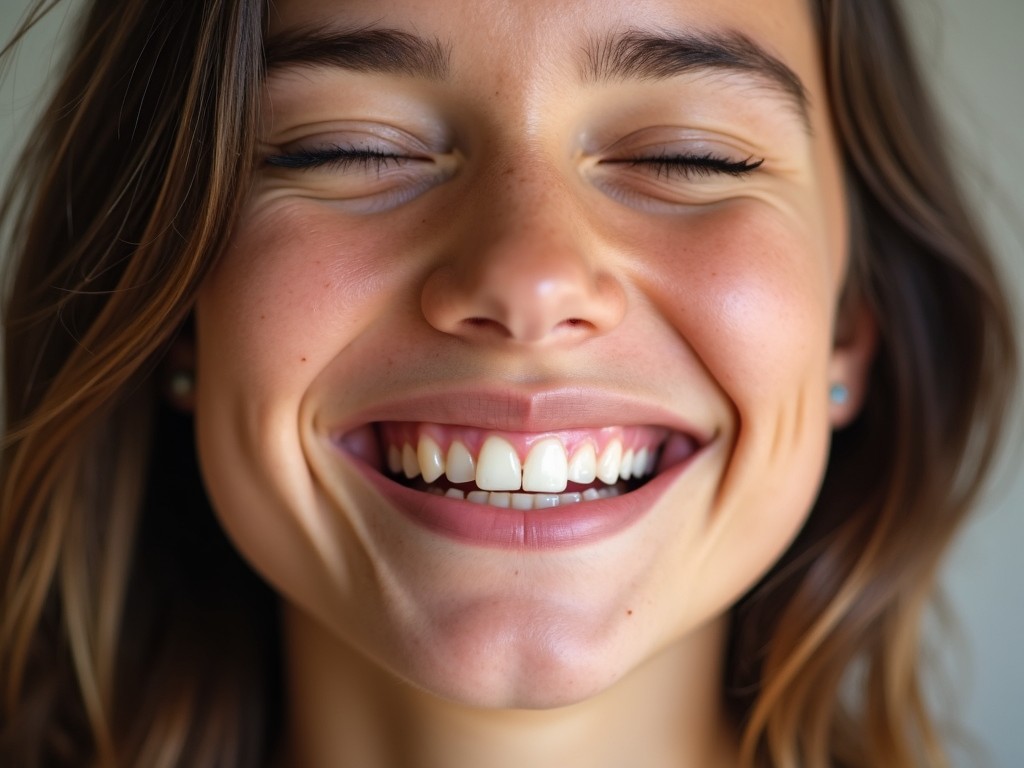 The image features a young woman with a radiant smile, showcasing her closed mouth. Her eyes are squinted joyfully, which enhances the cheerful expression. The lighting is gentle, radiating a warm glow on her face, emphasizing her natural beauty. Soft, tousled hair frames her face beautifully, adding to the inviting look. The background is blurred, focusing all attention on her happy expression and bright smile, making it an excellent representation of happiness and positivity.