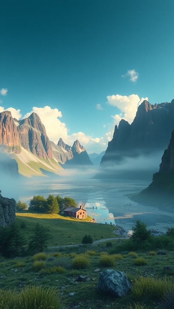 This image captures a tranquil valley surrounded by impressive mountain peaks bathed in soft sunlight. A solitary cabin sits on a lush green meadow close to a serene lake, with fog gently rolling over the water. The scene evokes a sense of peace and solitude, inviting viewers to imagine themselves in this idyllic, remote setting.