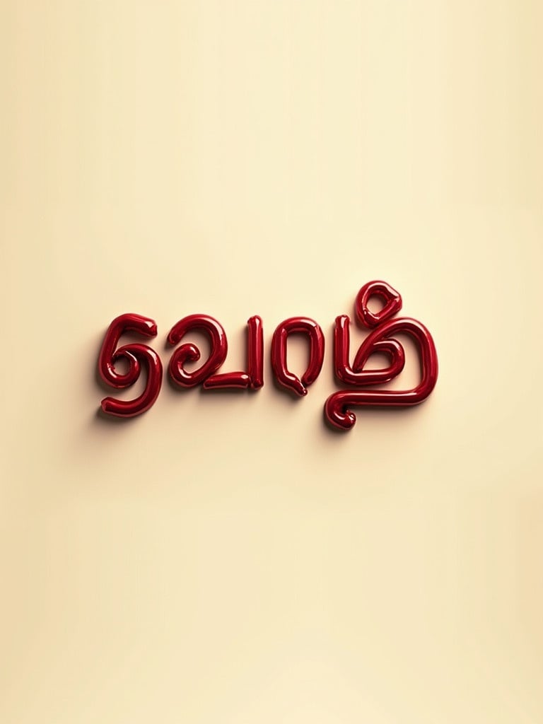 Cinematic styled font presents Malayalam word in deep red color. Light cream background enhances overall visual appeal. Subtle shadows and highlights provide depth. Warm lighting creates a gentle ambiance. Captures beauty of Malayalam script with a cinematic touch.