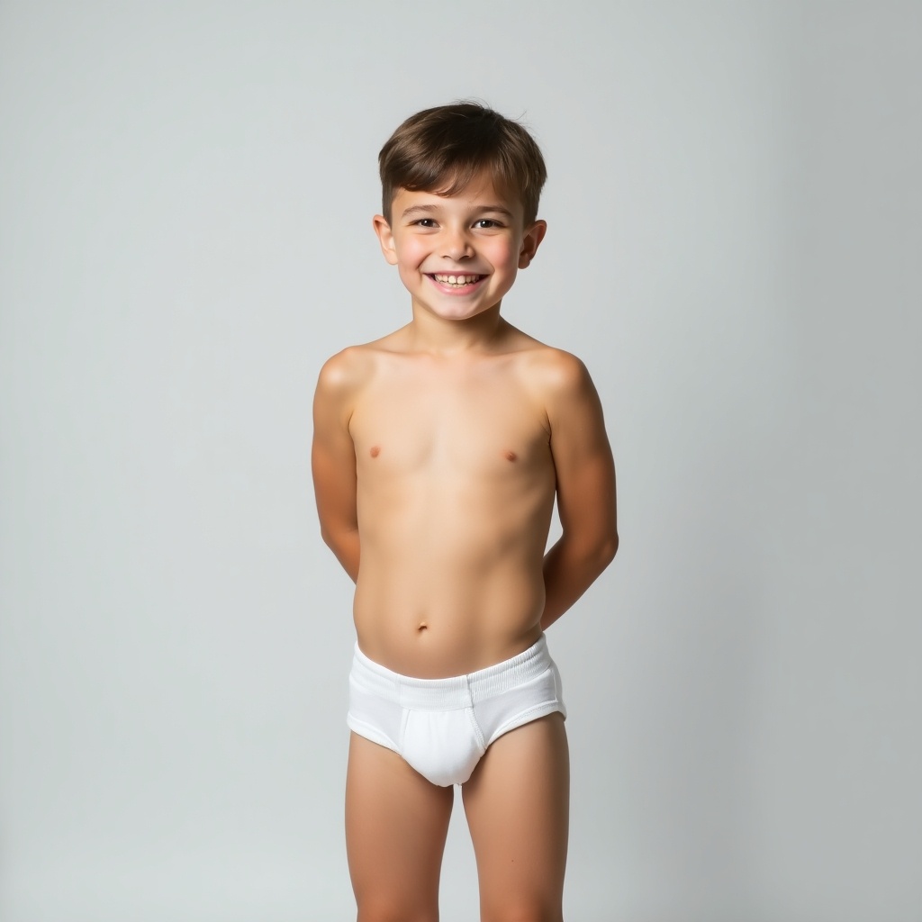 Young boy standing upright against a light gray background. He wears white underwear. The lighting is soft and even. The boy's pose is confident and relaxed. The style is minimalistic, focusing on the subject without distractions.