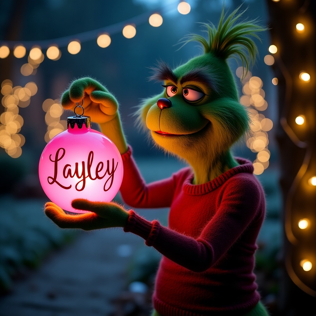 Scene features a Grinch character in a garden at night. Grinch holds a pink Christmas bauble that glows with the name Layley elegantly scripted. Twinkling fairy lights add a festive mood.