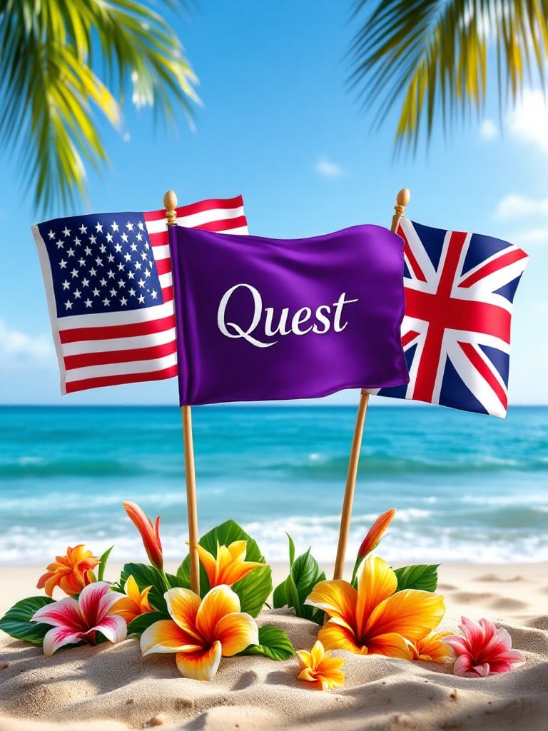 Image displays three flags in Hawaiian sand. United States flag shows stars and stripes. Purple flag has the word Quest. United Kingdom flag features the Union Jack. Surrounded by vibrant Hawaiian flowers. Background includes gentle waves and blue sky.