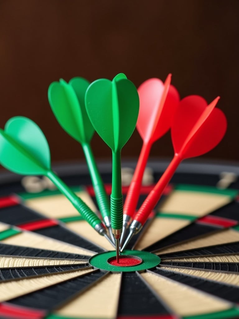 A close-up view of a dartboard. Red and green darts are sticking out of the board. The darts are sharply pointed. The dartboard is circular with a black outside and concentric rings. The image captures the board's surface detail.