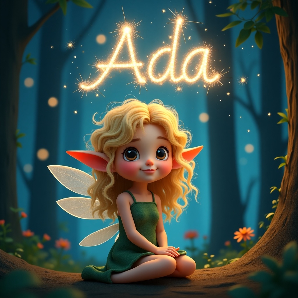 Create a whimsical image of a little pixie elf girl named Ada. She has curly blonde hair and brown eyes, sitting peacefully in a forest at night. The background features a majestic starry sky with tall trees silhouetted against it. Above her, the name 'Ada' is glowing brightly, as if made of sparkling fireworks. The elf has delicate wings and is dressed in a simple green dress, radiating a playful and enchanting vibe. The overall scene embodies a sense of wonder and the magic of fairy tales.