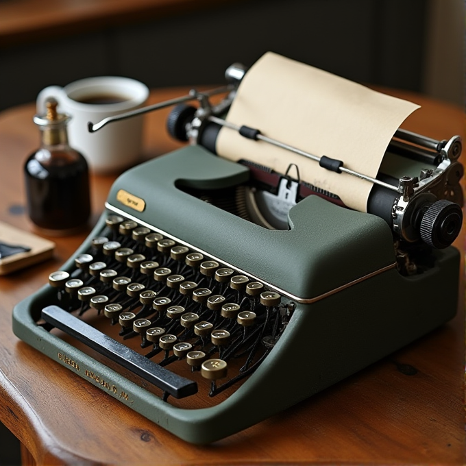 A green vintage typewriter sits on a wooden table with paper inserted, accompanied by a cup of coffee and a small bottle.