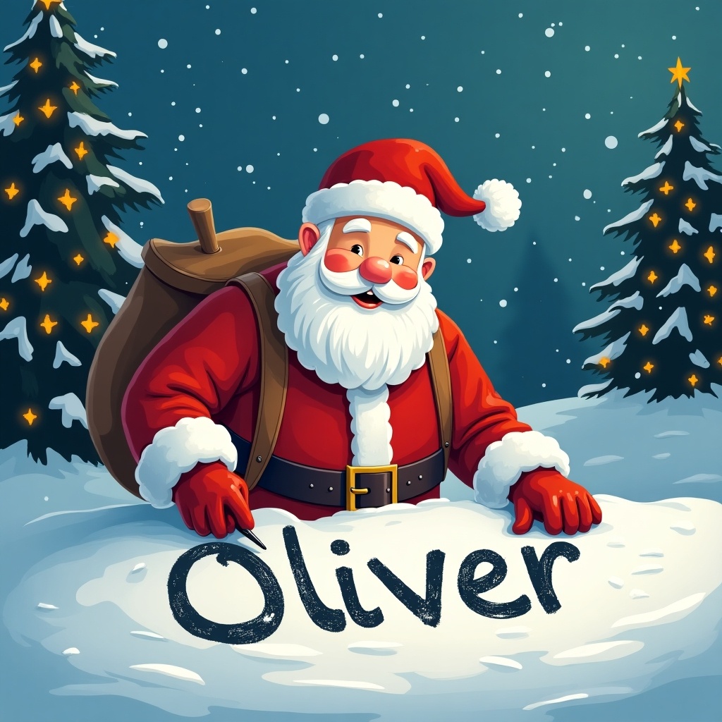 Santa Claus is writing the name 'Oliver' in the snow. Snow-covered trees are in the background. Santa looks cheerful and festive. The night sky is starry and bright.